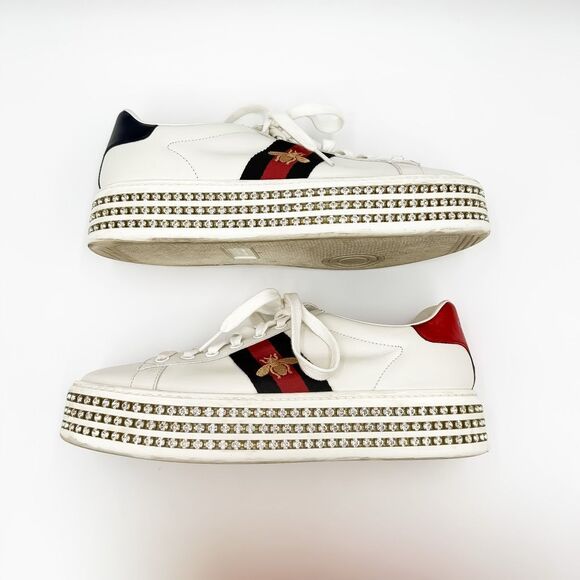Gucci Ace Web Stripe Crystal Platform White Leather Bee Sneakers Size 37.5, 7.5 - Picture 8 of 15